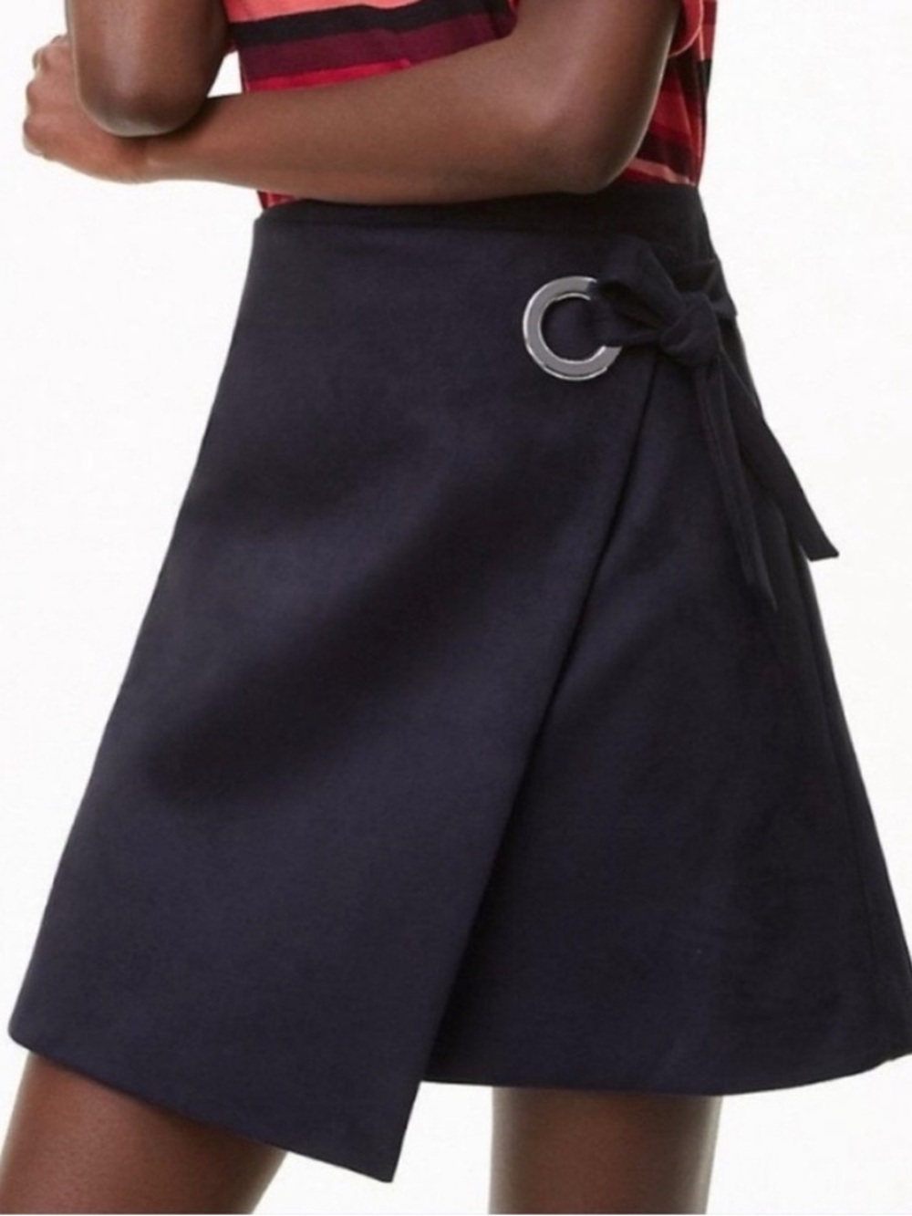 LOFT faux suede Navy Wrap A-Line Skirt with Ring Accent size 8
